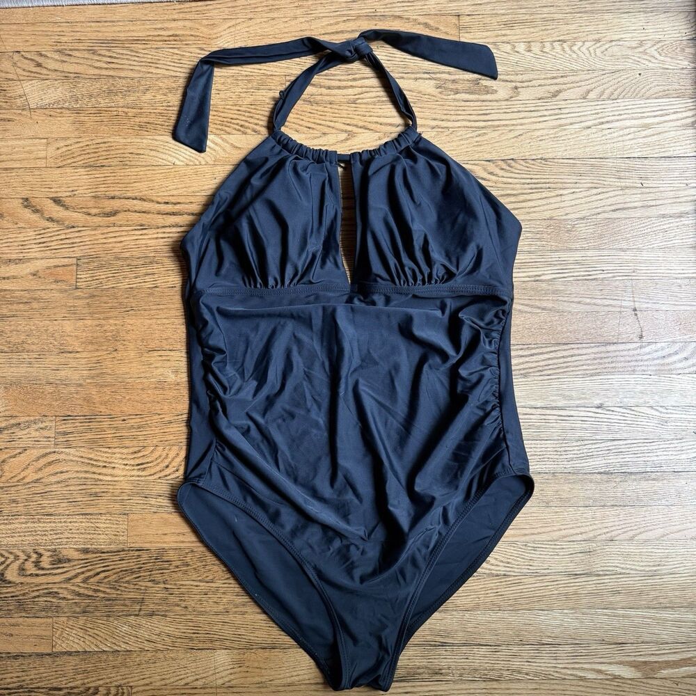 Women’s One Piece Swimsuit Tummy Control Ruched Sides Halter Top Size Large